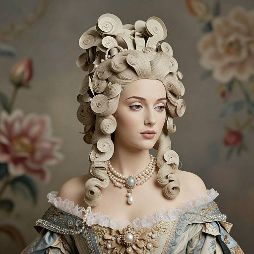 Digitally rendered portrait of a pale-skinned woman with elaborate, spiraled 18th-century hairstyle, wearing an ornate off-shoulder dress