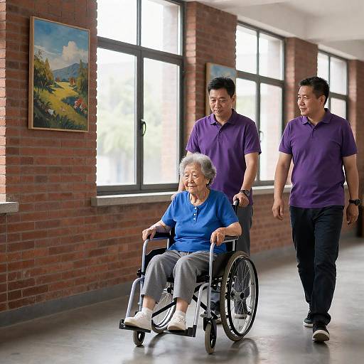 Bright Hallway Scene with Three People
