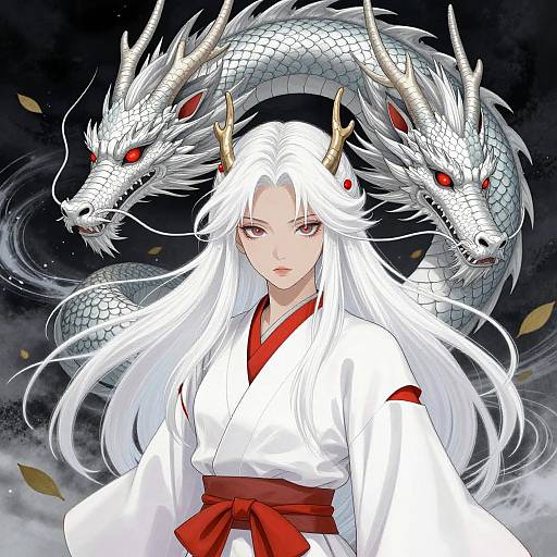 Digital anime artwork of a white-haired woman with antlers, wearing a white kimono with red sash, surrounded by two fierce, silver dragon heads