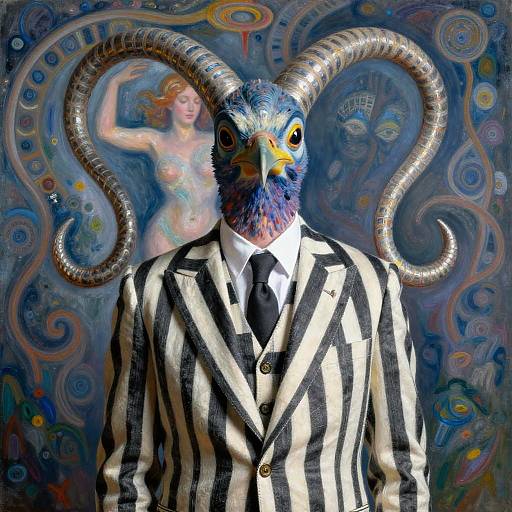 Digital painting of a humanoid bird with blue feathers, yellow beak, and large silver horns, wearing a black-and-white striped suit, against a swirling