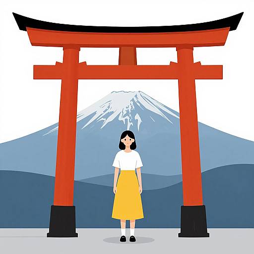 Digital illustration: Japanese woman with black hair, white top, yellow skirt, stands before a red torii gate, with snow-capped Mount Fuji in