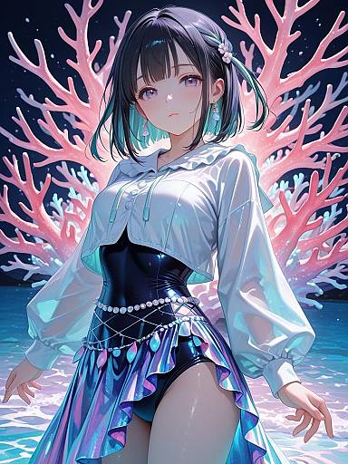 Girl in Long Sleeve Swimsuit with Coral Background