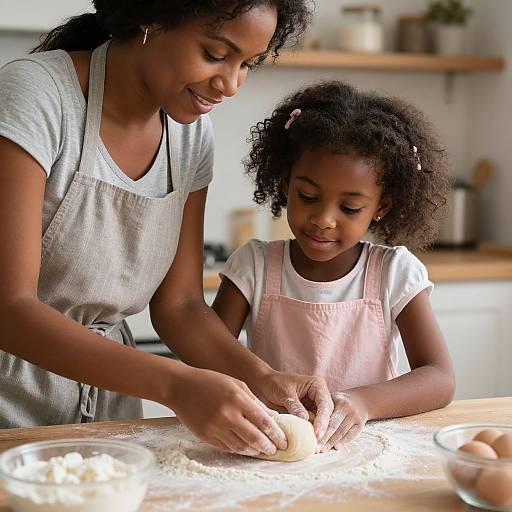 Photograph of an African-American woman with curly hair and a young girl with a pink apron, rolling dough on a flour-covered countertop in a