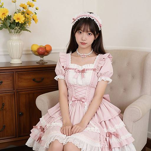 Photograph of an Asian woman with long black hair in a pink frilled Victorian-style dress, seated on a beige armchair, with a wooden cabinet