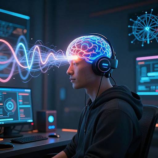Photograph of a young man in a black hoodie wearing a neon headset, with a glowing brain pattern and light wave emitting from his forehead, sitting at