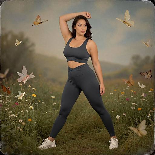 Photograph of a curvy woman with dark hair, wearing blue sports bra and high-waisted leggings, standing in a meadow with butterflies,