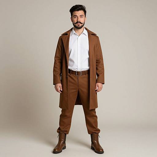 Photograph of a bearded man with dark hair, wearing a white shirt, brown coat, and pants with brown boots, standing against a plain white