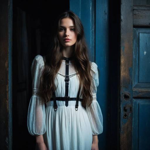 Young Woman in Vintage White Dress by Blue Door