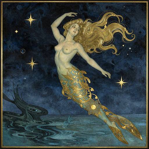 Fantasy artwork of a topless, fair-skinned mermaid with flowing golden hair, ornate gold tail, floating in a dark blue, star