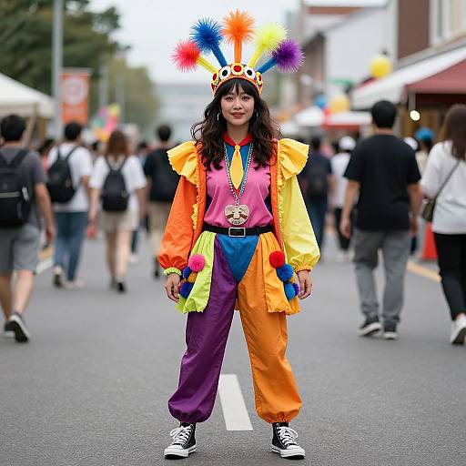 Photograph of a woman in vibrant, colorful 1980s-style outfit with neon feathers, oversized sleeves, and baggy pants, standing on a