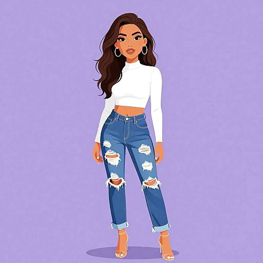 Digital illustration of a confident woman with long brown hair, wearing a white crop top, distressed blue jeans, and beige heels, standing against a light purple