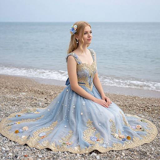 Photograph of a blonde woman in a blue, gold-embellished ball gown with floral accents, sitting on a pebbly beach with the