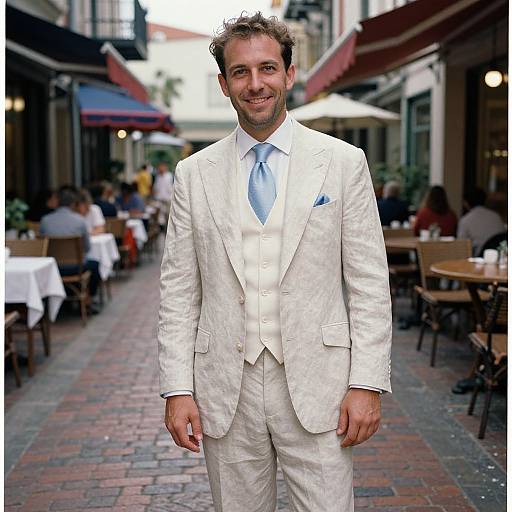 Photograph of a smiling man in a white suit, light blue tie, and pocket square, standing in a cobblestone European street with outdoor café