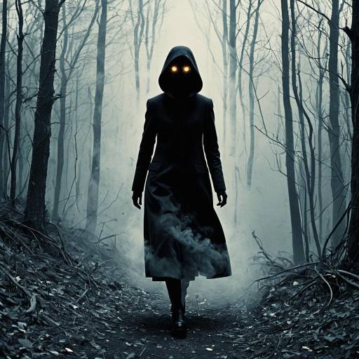 Mysterious Hooded Figure with Glowing Eyes in Foggy Forest