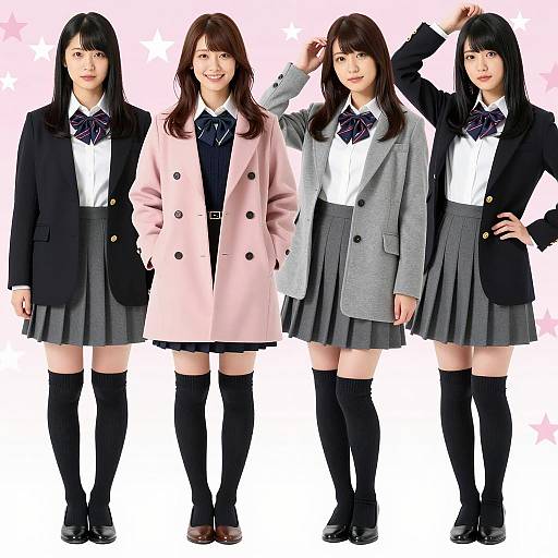 Group of Japanese schoolgirls in coats and uniforms