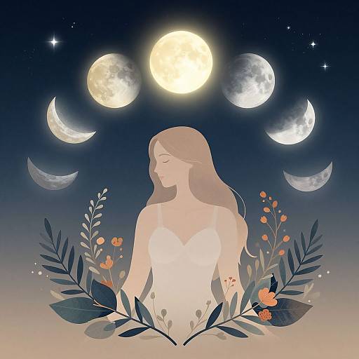 Digital illustration of a serene, ethereal woman with long brown hair, wearing a white dress, surrounded by flowers and leaves under a starry night sky