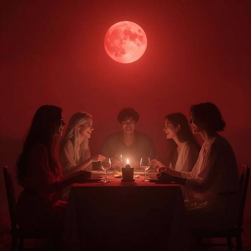 Photograph of five silhouetted people, two women on each side and one man in the center, dining under a glowing red moon, candles