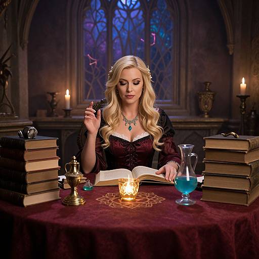 Blonde woman with long wavy hair, black dress, and turquoise necklace, reading by candlelight in a dimly lit, medieval study.