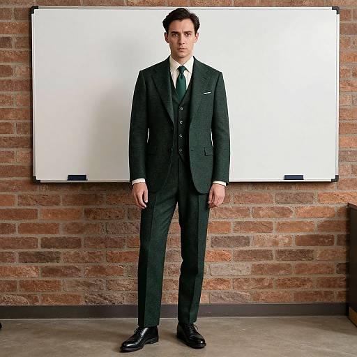 Photograph of a young Caucasian man with dark hair in a black three-piece suit, white shirt, and black tie, standing in front of a white