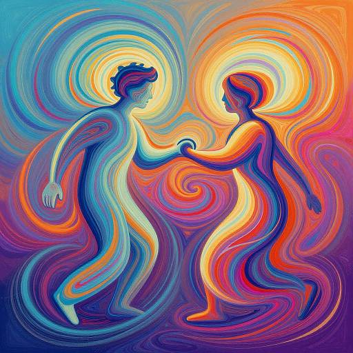 Digital artwork of two nude, abstract, swirling figures in vibrant blues, oranges, and purples, holding hands with glowing halos, set against a