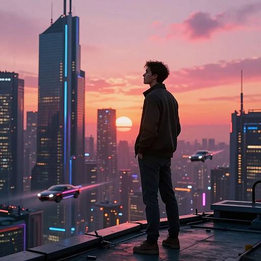 Silhouetted man with spiky hair stands on rooftop at sunset, overlooking futuristic cityscape with neon lights, drones, and towering skyscrapers