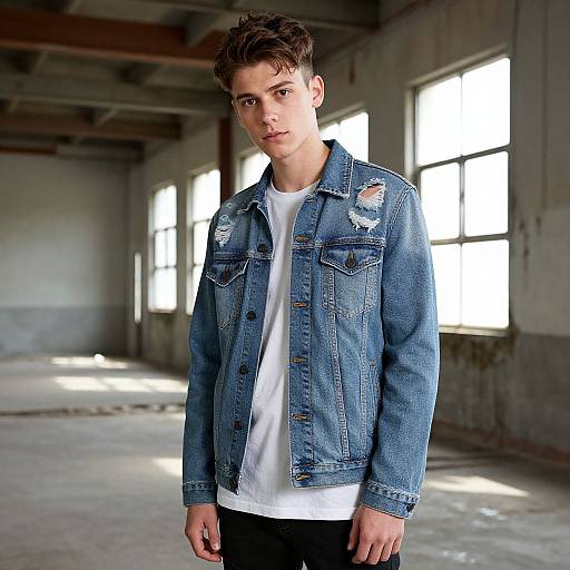 Photograph of a young, white man with short brown hair, wearing a blue denim jacket with a tear, white t-shirt, and black pants,