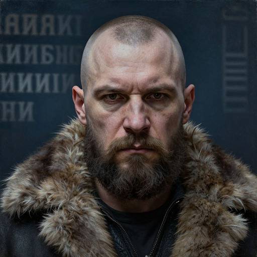 Photograph of a bald, bearded man with intense expression, wearing a fur-trimmed coat, against a dark, text-filled background.