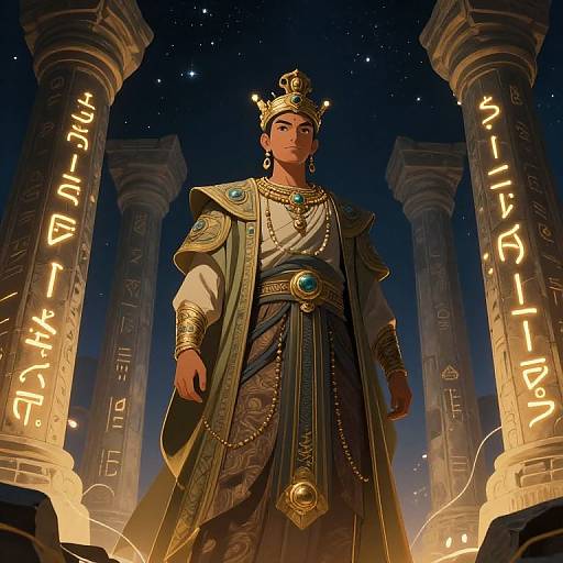 Digital artwork of a regal, dark-skinned man in ornate Egyptian attire, adorned with gold and turquoise, standing under starry night sky between