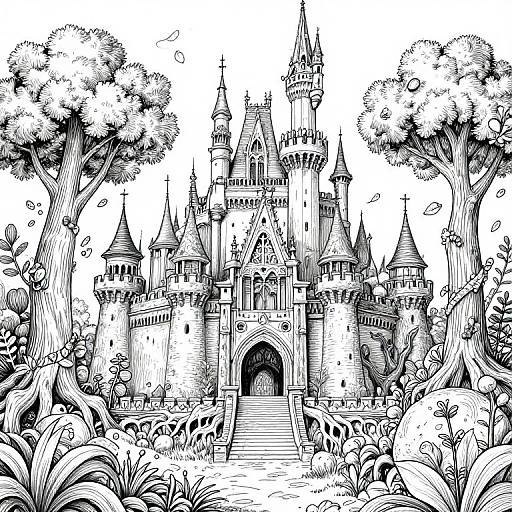 Black-and-white ink drawing of a detailed, fairy-tale castle with multiple towers, surrounded by lush trees and dense foliage.