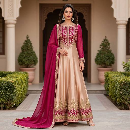 Photograph of a South Asian woman in a beige and maroon traditional salwar kameez with intricate gold embroidery, standing in an elegant courtyard with