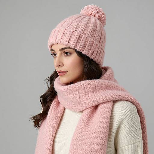 Photograph of a woman with medium-dark skin, dark wavy hair, wearing a pink knit beanie and matching scarf over a white sweater, against