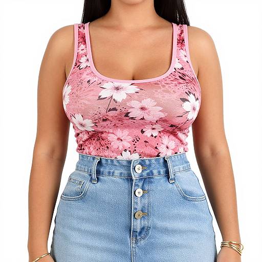 Photograph of a woman with tan skin, wearing a pink floral tank top, high-waisted light blue button-up skirt, and gold bracelets.