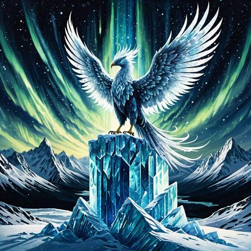 Ice Phoenix Perched on Glacial Spire with Aurora