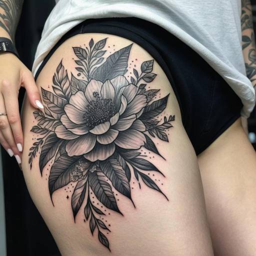 Floral Black and Gray Thigh Tattoo