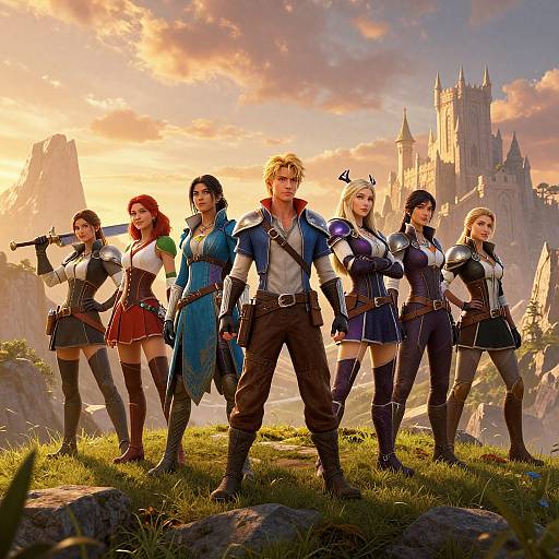 Digital fantasy artwork of six armed adventurers standing on a grassy hill with a sunset and castle backdrop, dressed in medieval armor and clothes.