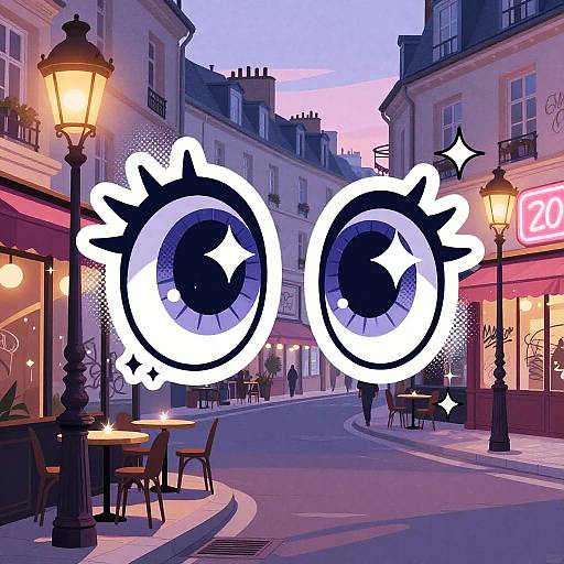 Digital art of a French street at dusk, featuring large, cartoonish, sparkly eyes in the foreground, with colorful buildings and lit street lamps in