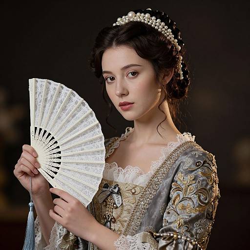 Photograph of an Asian woman with fair skin, wearing an ornate, silver-gray traditional dress, holding a delicate white lace fan, with a pearl