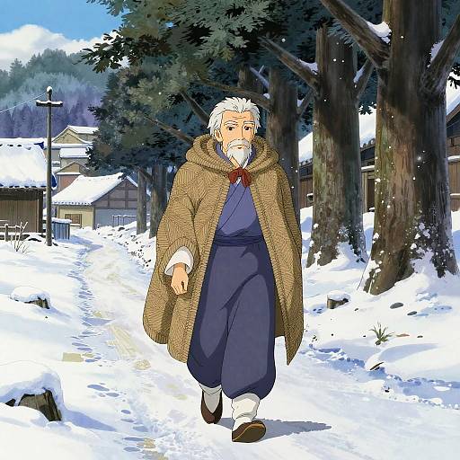Anime-style digital drawing of an elderly man with white hair and beard, wearing a brown cloak and blue kimono, walking in a snowy, tree-lined