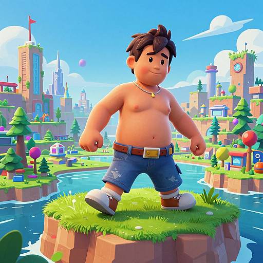 Cartoon-style digital illustration of a shirtless, chubby, brown-haired boy in denim shorts and white sneakers standing on a grassy rock by a blue