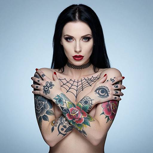 Photograph of a pale-skinned, black-haired woman with red lips, crossing tattooed arms over bare chest, wearing a black choker, against