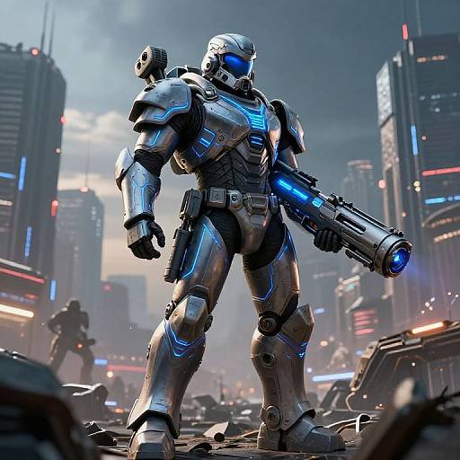 CGI sci-fi image of a muscular, silver and blue armored warrior with glowing blue accents, holding a large blue gun, standing in a futuristic,