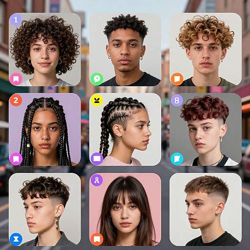 Digital collage of nine diverse young people with various hairstyles, including curly, braided, and short styles, set against urban background.