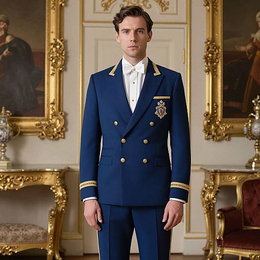 Photograph of a young, handsome man in a navy blue military-style uniform with gold buttons and insignia, standing in an ornate, gold-fr