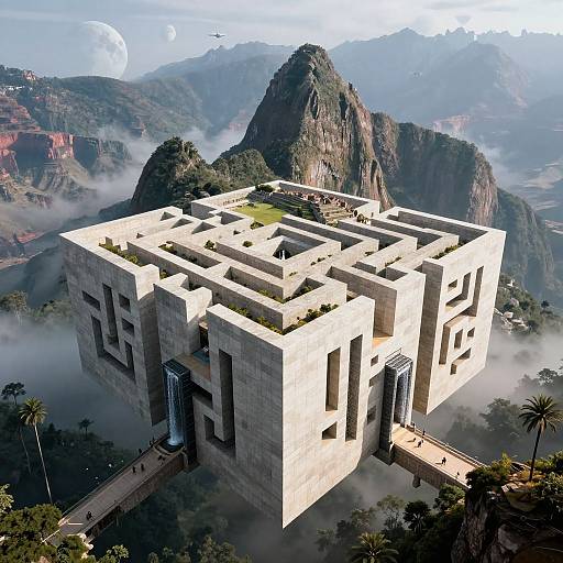Photorealistic CGI of a futuristic, white, geometric mansion with minimalist design, perched on a misty mountain top amidst lush, towering cliffs.