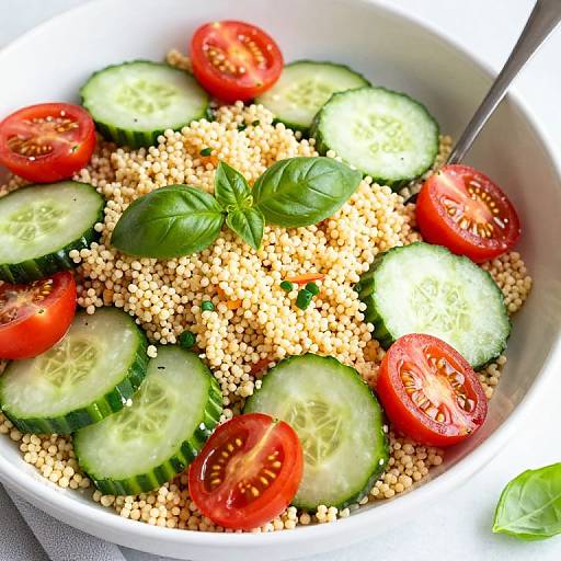Photograph of a white bowl filled with quinoa, cucumber slices, cherry tomatoes, and fresh basil, with a spoon on the right.