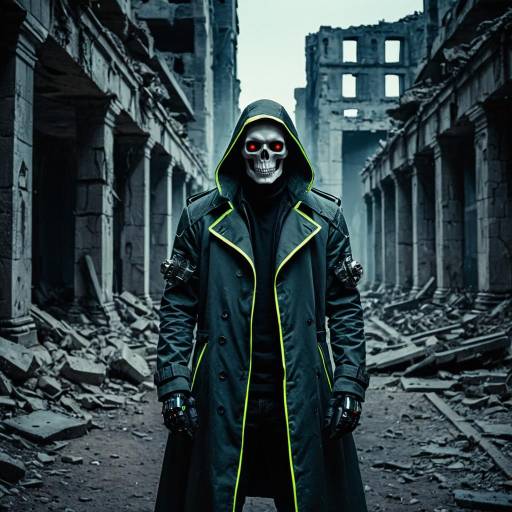 Sci-Fi Male Hacker with Robotic Skull in Ruins