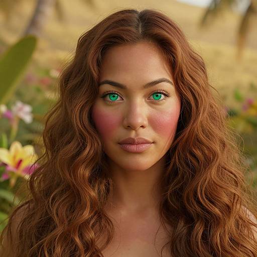 Photorealistic portrait of a young woman with green eyes, wavy brown hair, pink cheeks, and natural makeup, surrounded by a blurred garden background