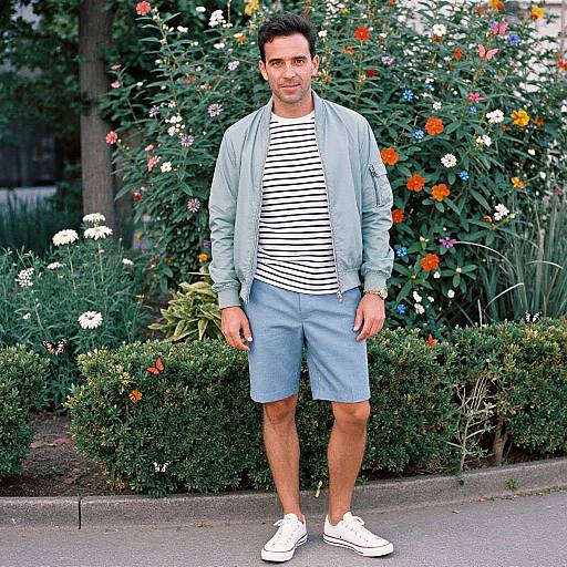 Photograph of a tall, dark-haired man in a striped shirt, light blue shorts, and white sneakers, standing in a colorful flower garden.