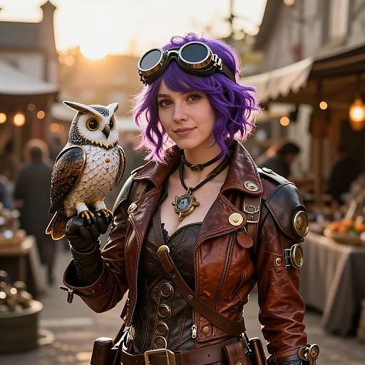 Digital art of a purple-haired woman in steampunk leather jacket holding a owl, wearing goggles and necklace, in a bustling outdoor market.
