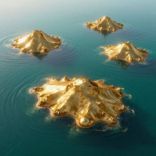 Digital artwork of three golden, mountain-like islands floating on calm, blue water, with gentle ripples around each island.